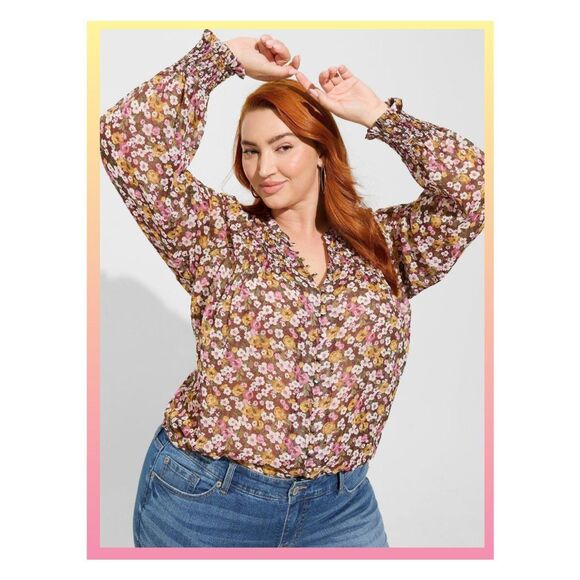 NWT Torrid 1X Floral Crinkle Chiffon Smocked Blouson Sleeve Blouse Size 14-16 - Picture 1 of 7